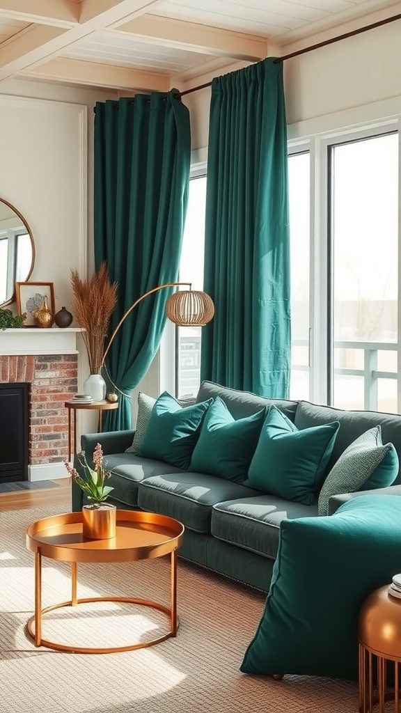 Living room featuring emerald green accents with copper decor
