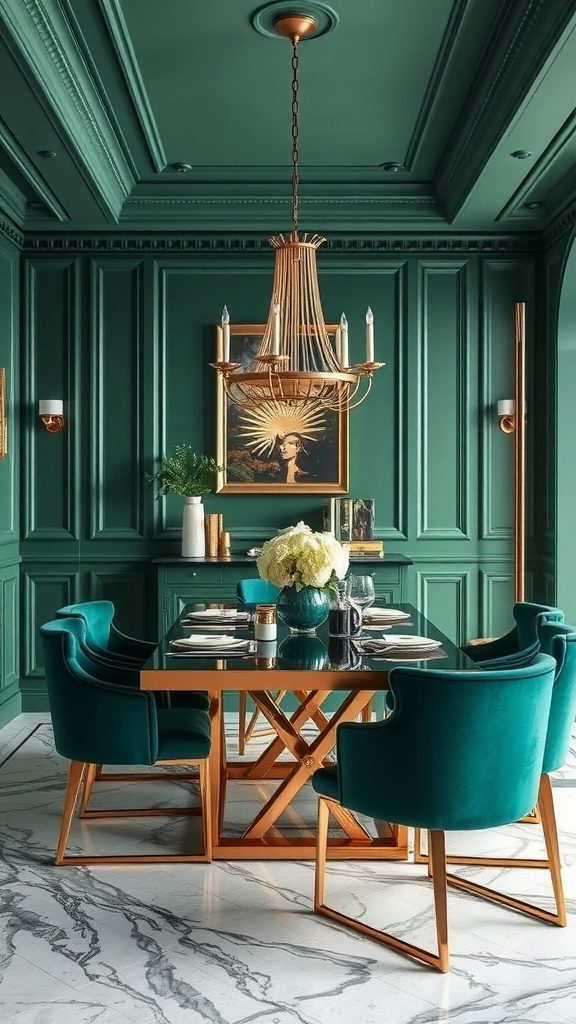A luxurious dining room featuring emerald green walls and rose gold accents, showcasing a stylish table setting.