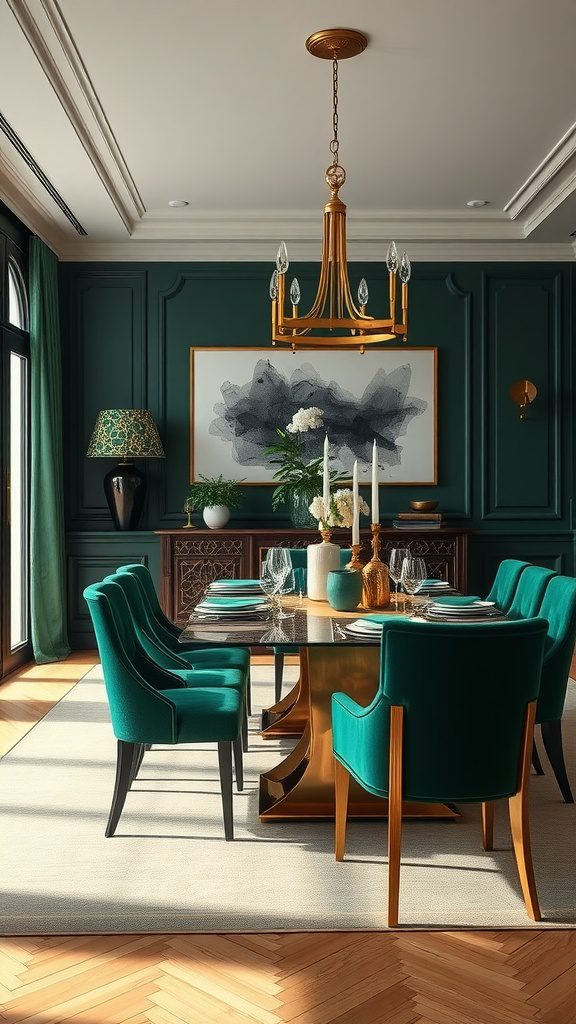 Dining area with emerald green chairs and gold accents in decor.