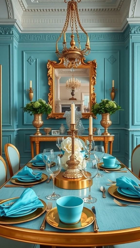 A luxurious dining room featuring turquoise walls, gold accents, and elegant table settings.