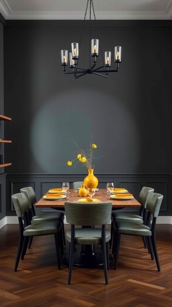 A dining room with charcoal gray walls, a wooden table set with mustard yellow accents, and stylish chairs.