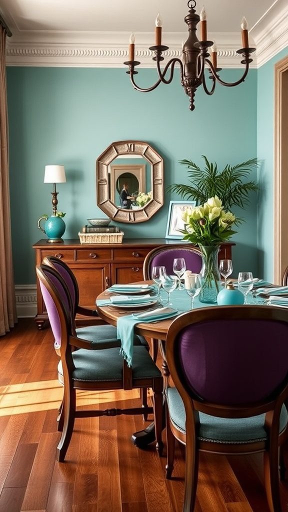 Dining room featuring turquoise walls and plum upholstered chairs, showcasing a vibrant color palette.