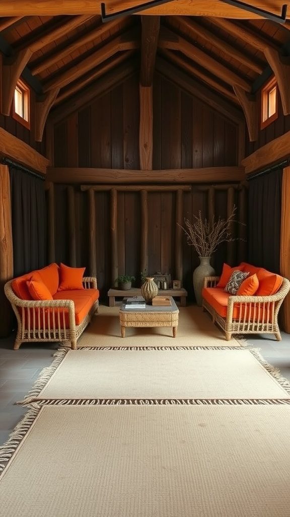Cozy living room with burnt orange accents and beige textiles.