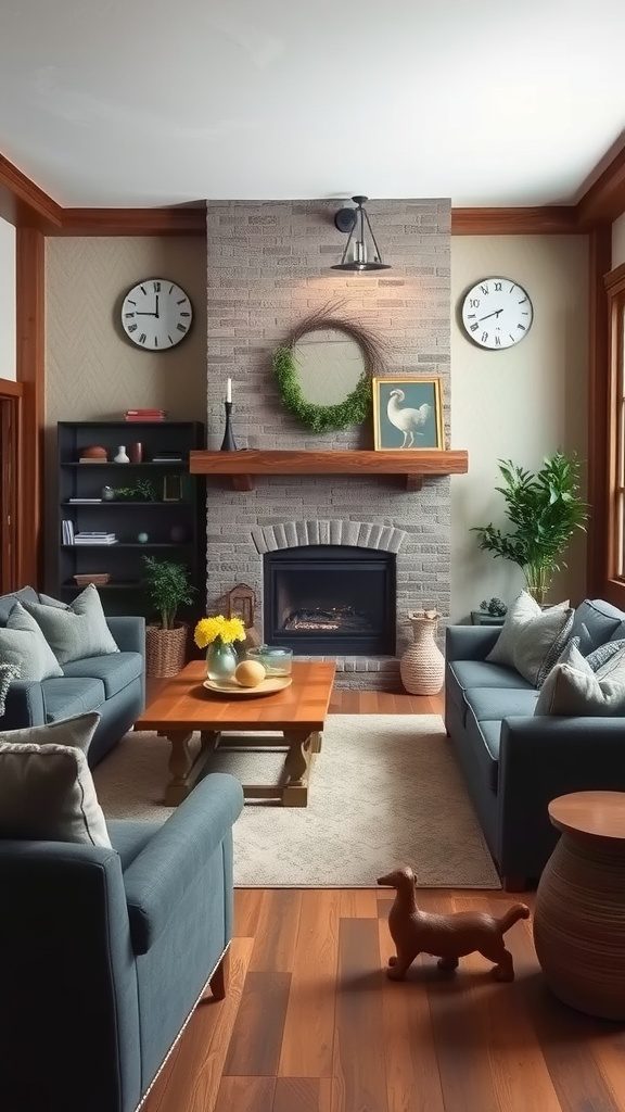 A cozy living room featuring charcoal gray furniture with rustic brown accents.
