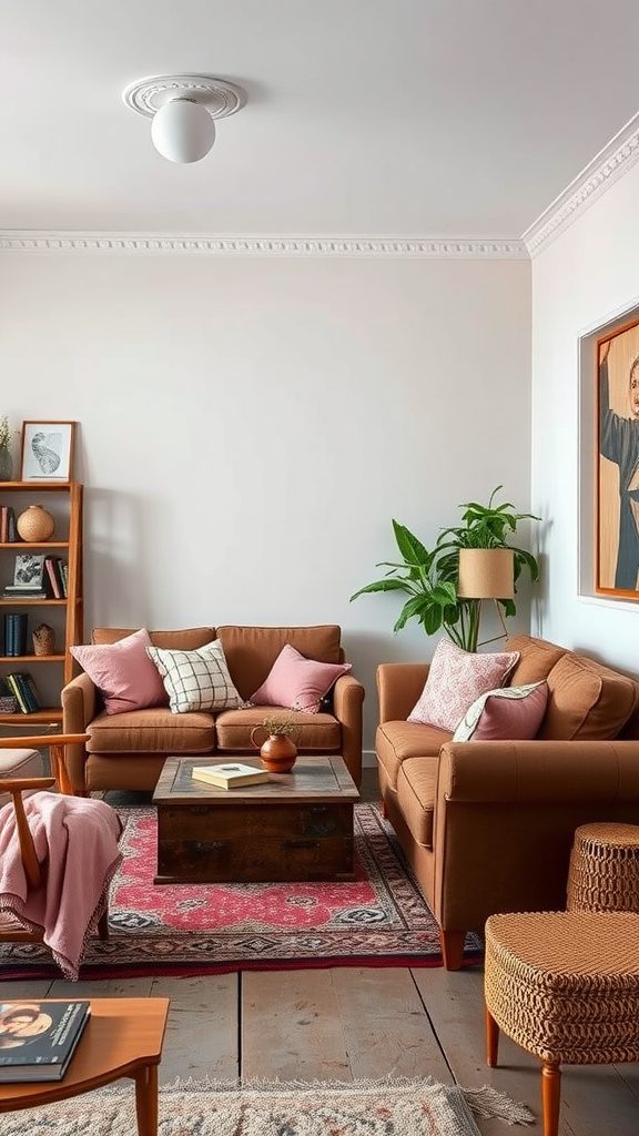 Cozy living room with rustic brown furniture and pink accents.