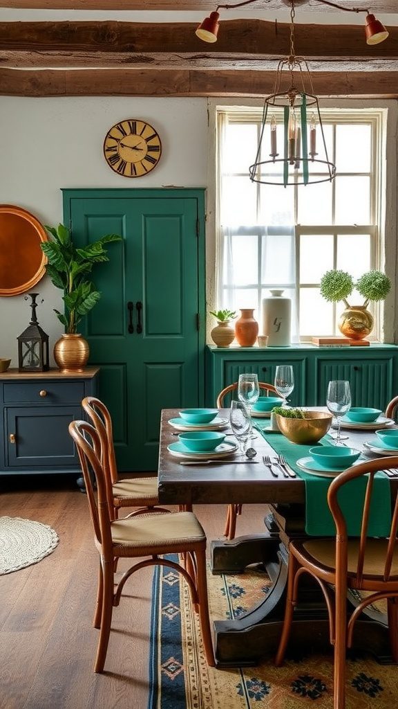 A cozy dining area featuring emerald green cabinets, rustic wood beams, and copper accents.
