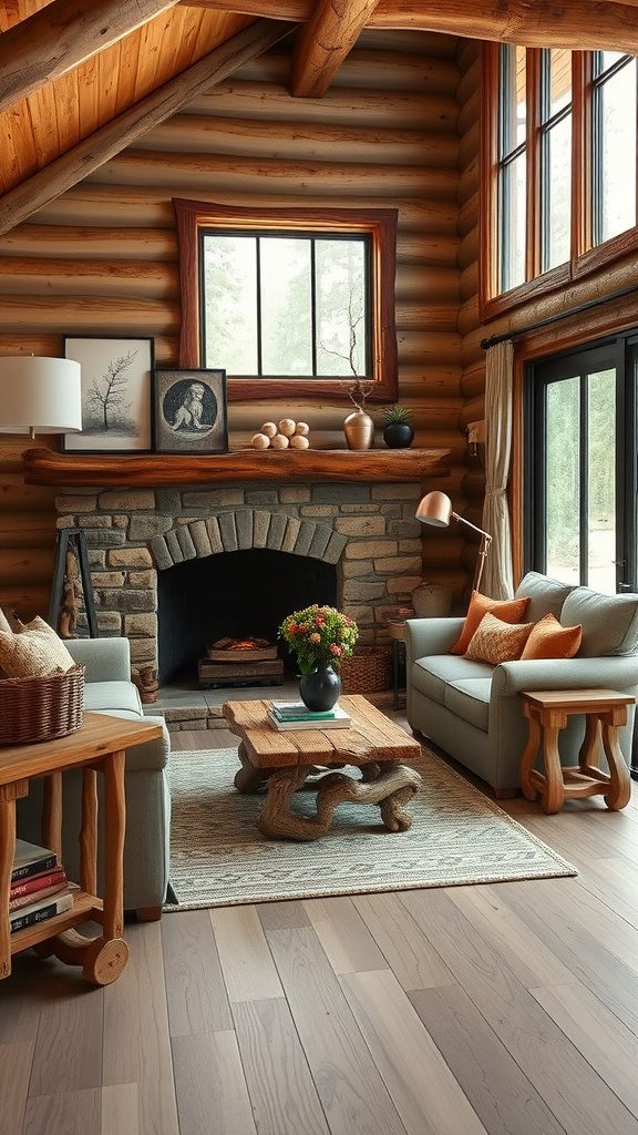 Cozy living room featuring rustic driftwood hues and copper accents.