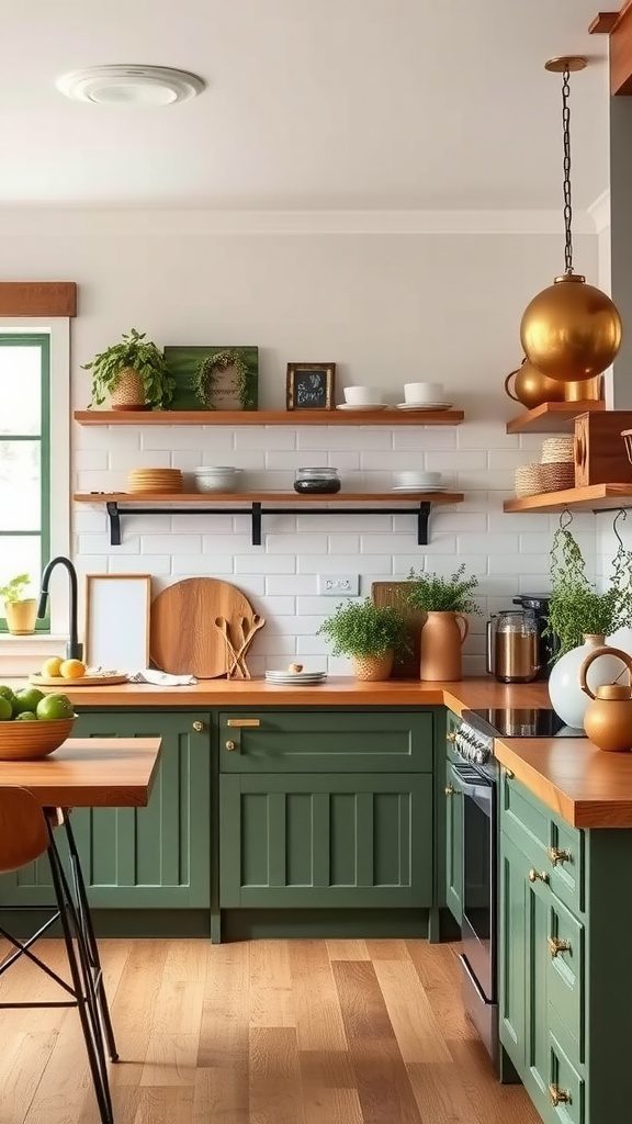 A rustic kitchen featuring olive green cabinets and golden decor accents.
