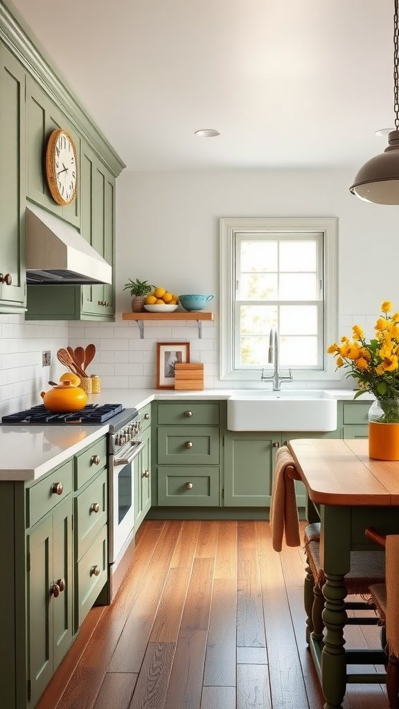 A rustic kitchen featuring sage green cabinets and mustard yellow accents.