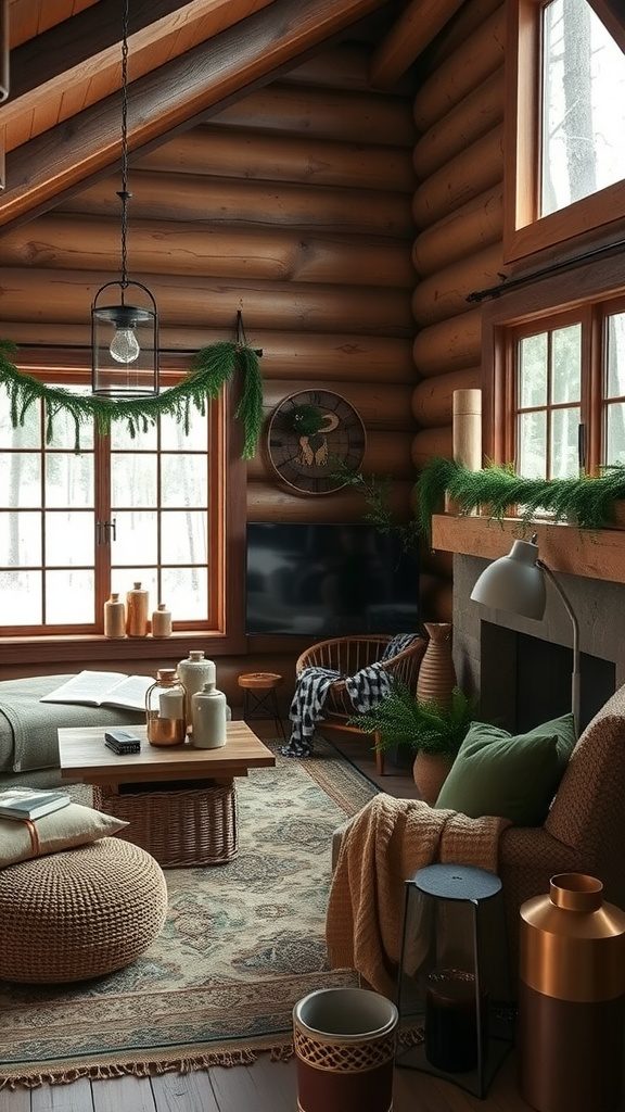 A rustic living room with wood accents and green decor.