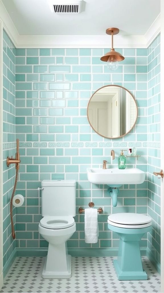 A stylish bathroom featuring turquoise tiles and seafoam green accents.