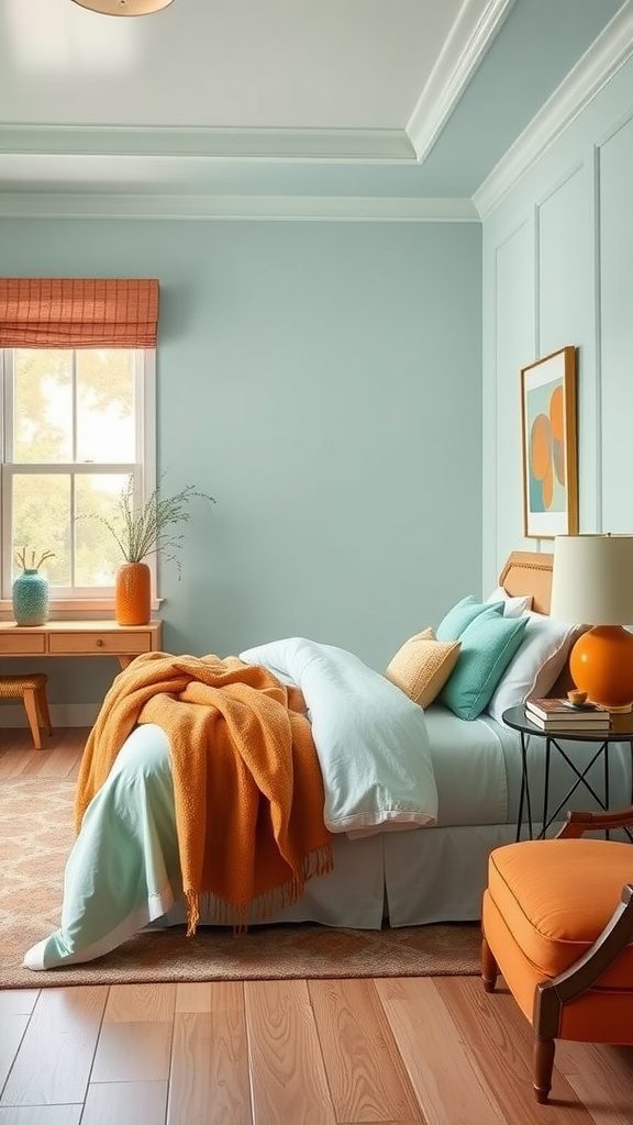 A bedroom featuring seafoam green walls and burnt orange accents.