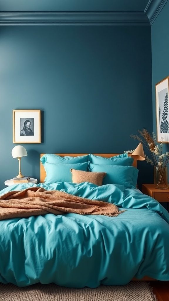 A serene bedroom featuring a turquoise bedspread and slate blue walls.