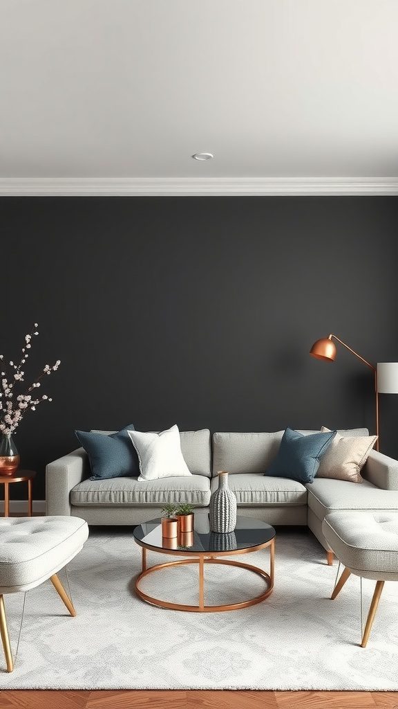 A modern living room with a charcoal gray wall, gray furniture, and rose gold accents.