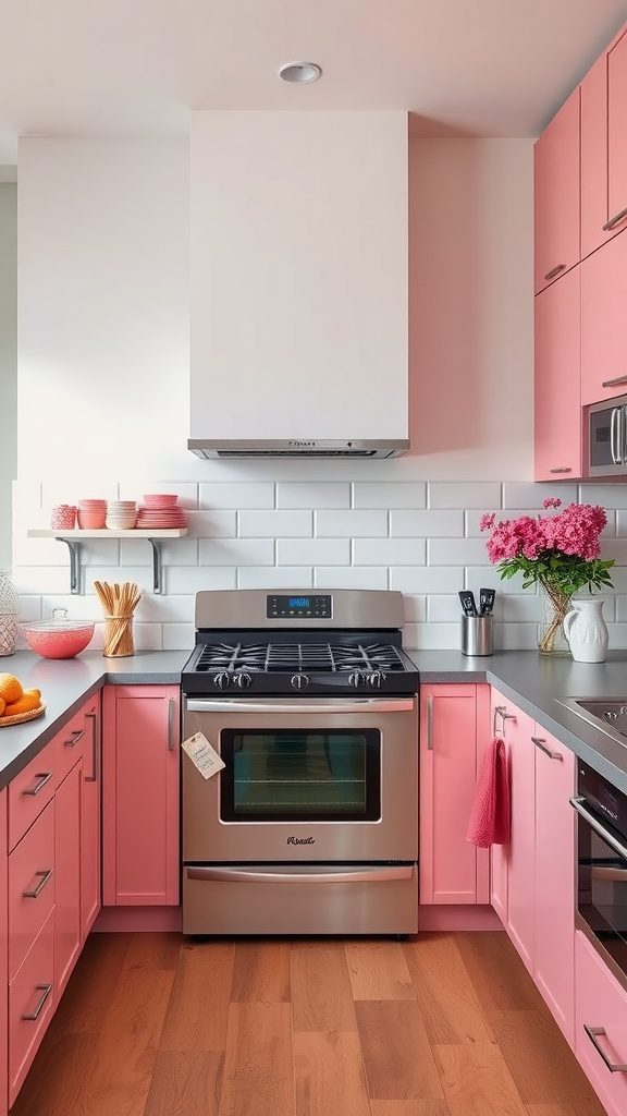 Modern kitchen featuring pink cabinets with stainless steel appliances.
