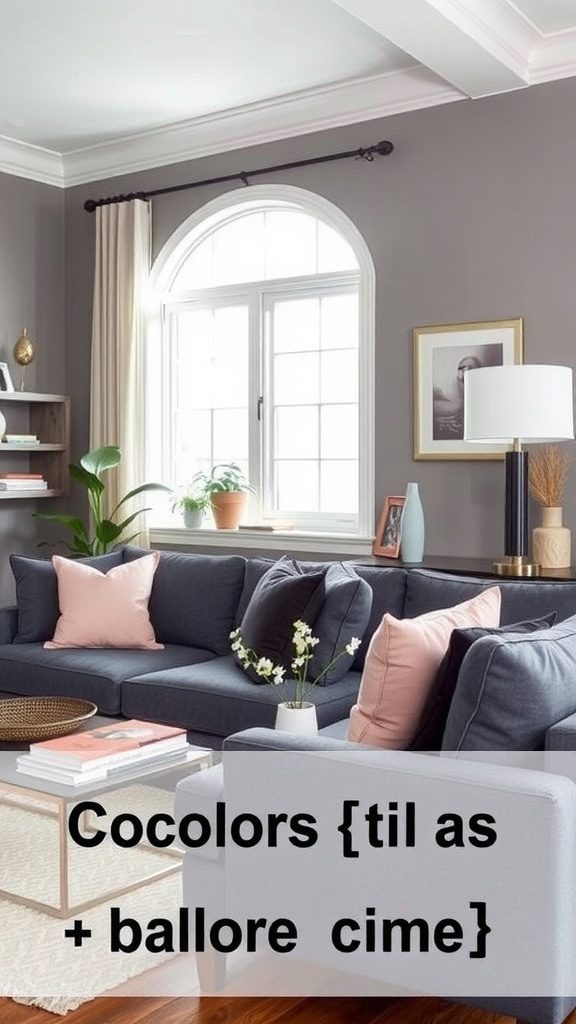 Living room featuring charcoal gray furniture with soft blush accents.