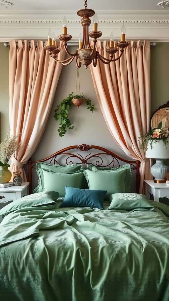 A cozy bedroom featuring a bed with green bedding, blush curtains, and a chandelier.