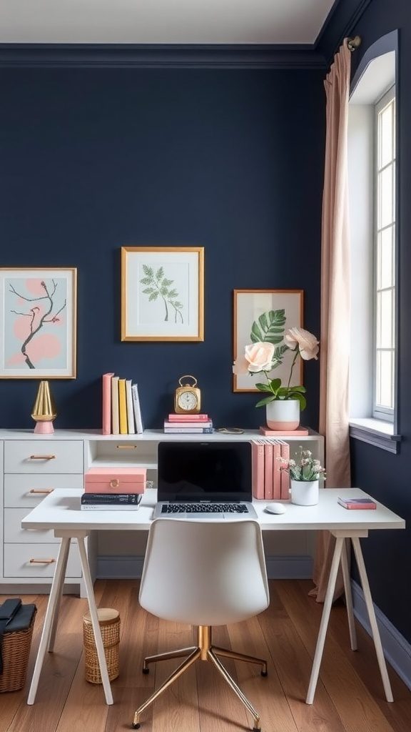 A cozy home office featuring navy blue walls and soft blush pink accents.