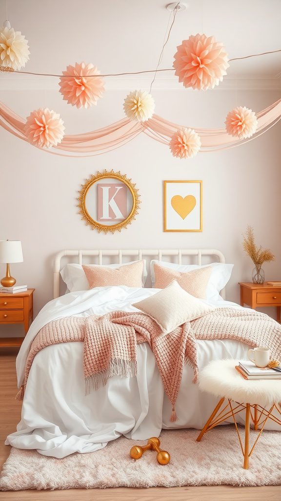 A cozy bedroom featuring blush pink decorations, including pom-poms, bedding, and accents, complemented by gold and white elements.
