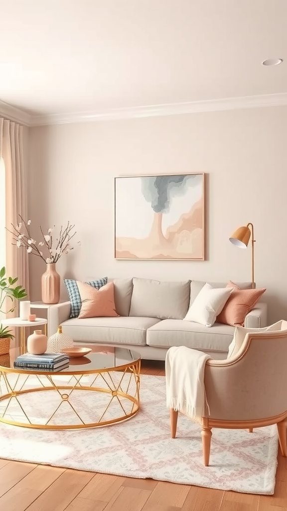 A cozy living room featuring blush pink accents with rose gold decor elements.