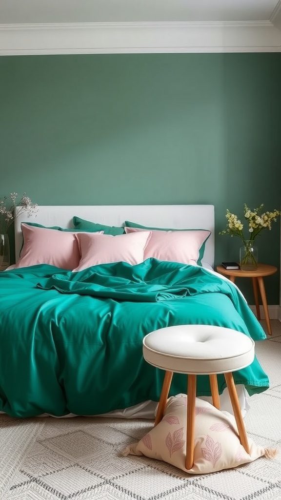 A cozy bedroom with emerald green bedding and blush pink pillows.