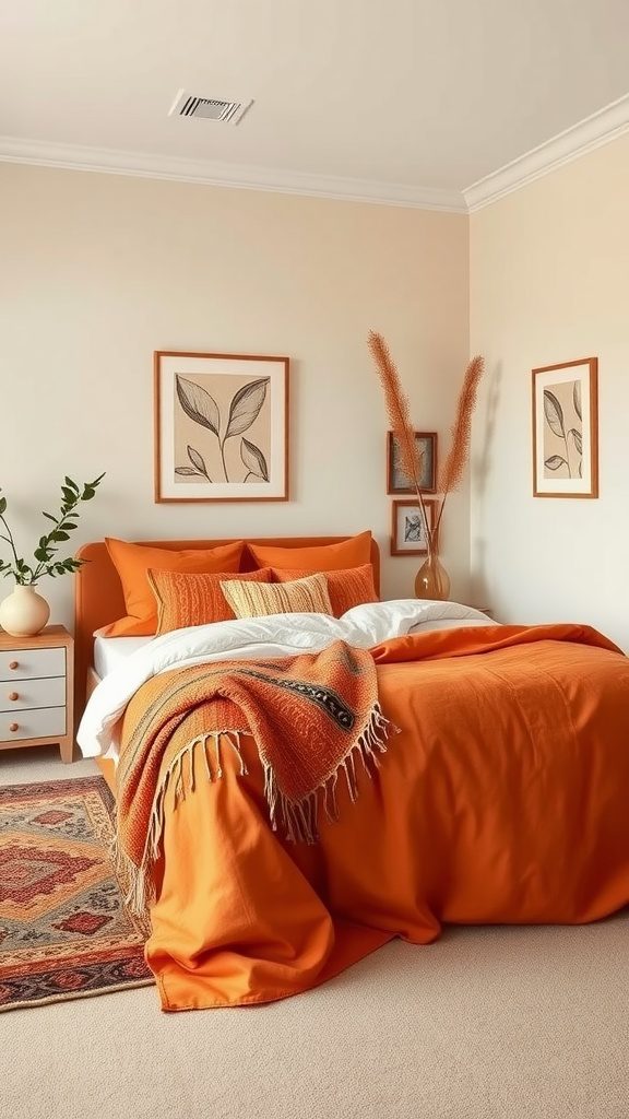 A cozy bedroom featuring burnt orange bedding complemented by soft cream walls and decor.