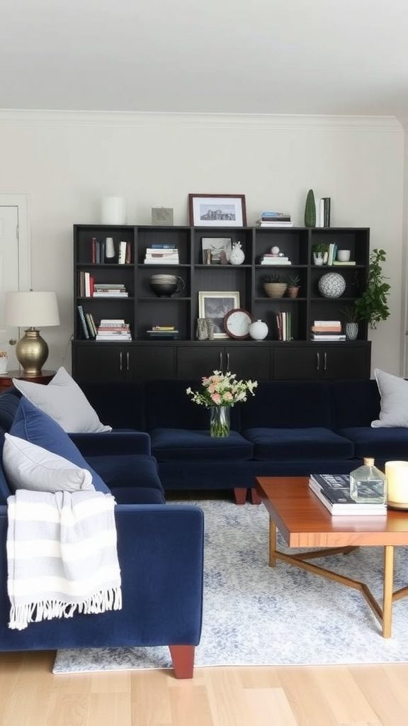 Living room featuring navy blue sofas with soft gray accents and a wooden coffee table.