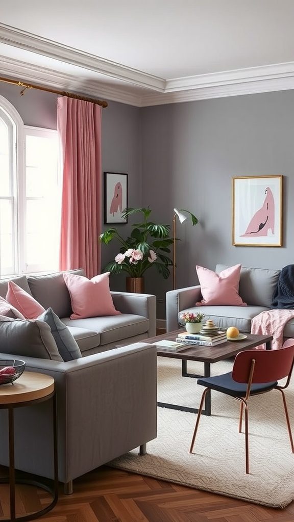 Living room with gray accents and pink decor elements.