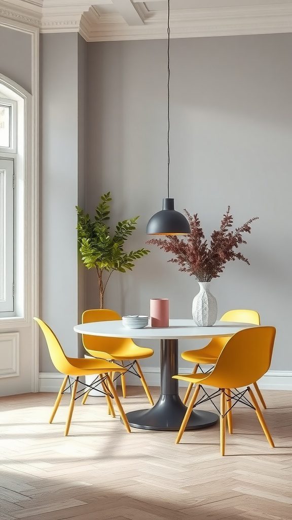 A dining area with mustard yellow chairs around a white table, set against a soft gray wall.