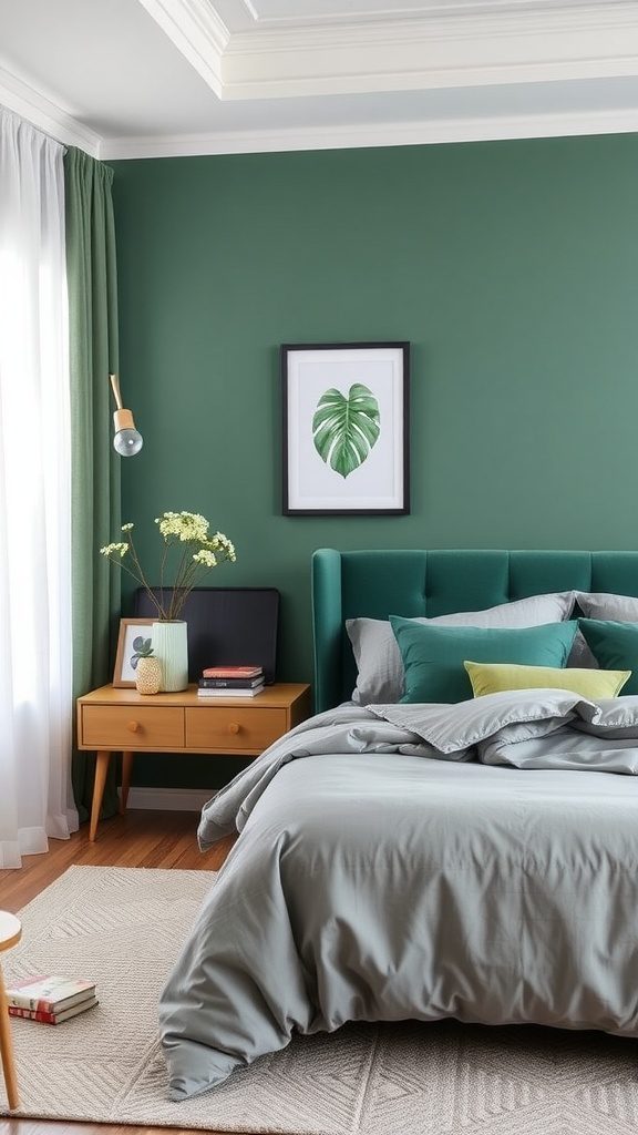 A stylish bedroom featuring hunter green walls and soft gray bedding.