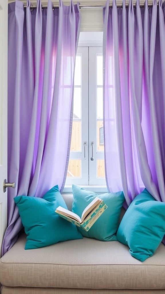 A cozy nook with soft lavender curtains and turquoise pillows, creating a calm atmosphere.