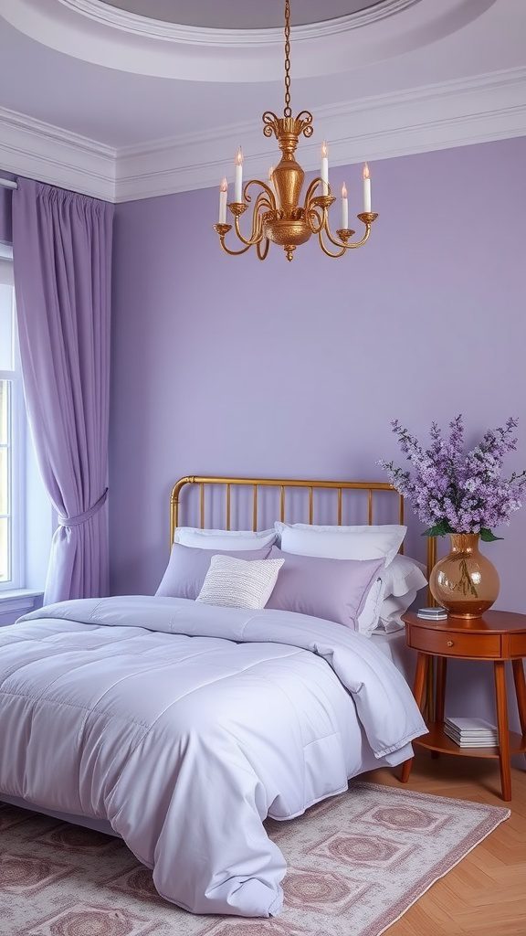 A cozy bedroom featuring soft lavender walls, bedding, and a gold chandelier.