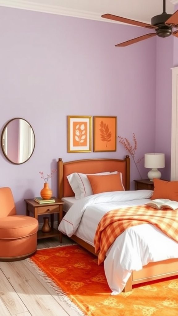 A cozy bedroom featuring burnt orange decor complemented by soft lavender walls and accents.