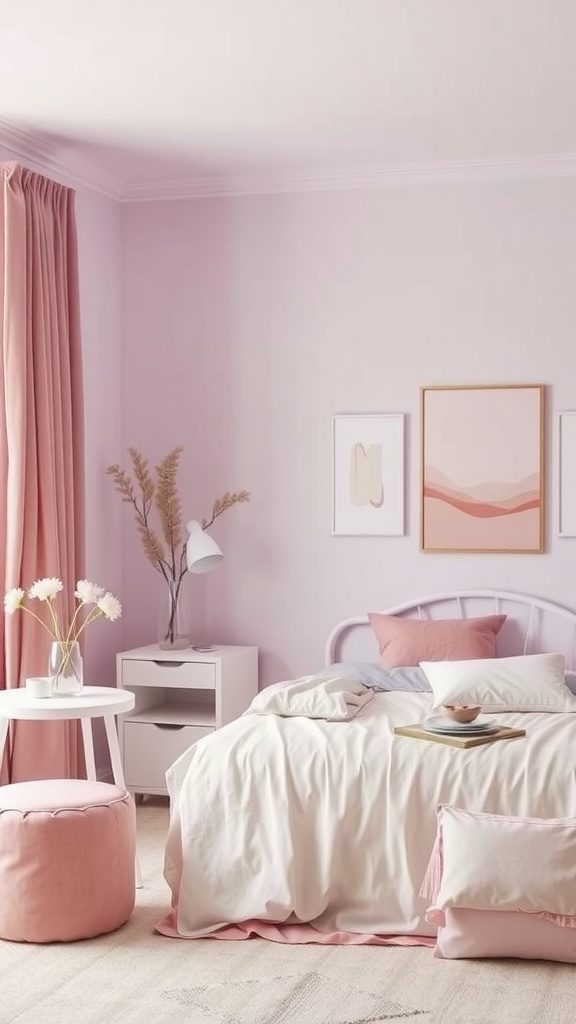 A cozy bedroom featuring soft lilac walls, pink curtains, and pastel decor.