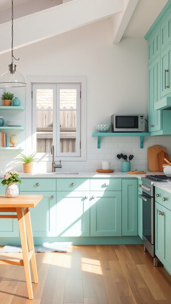 A modern kitchen featuring turquoise cabinets and soft mint accents, creating a refreshing decor style.