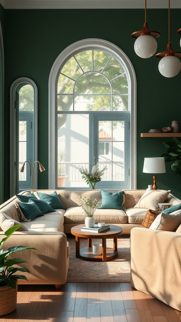 Cozy living room with forest green walls and soft neutral furniture.