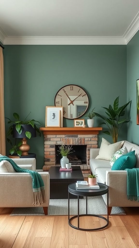 Living room featuring emerald green walls with neutral furniture and decor.