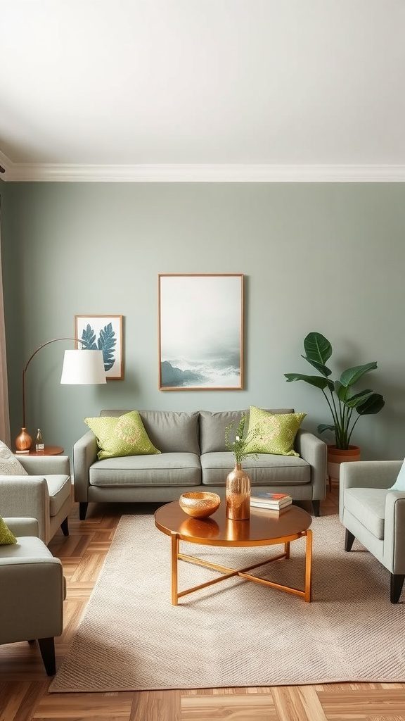 Living room with soft sage green walls and copper accents.