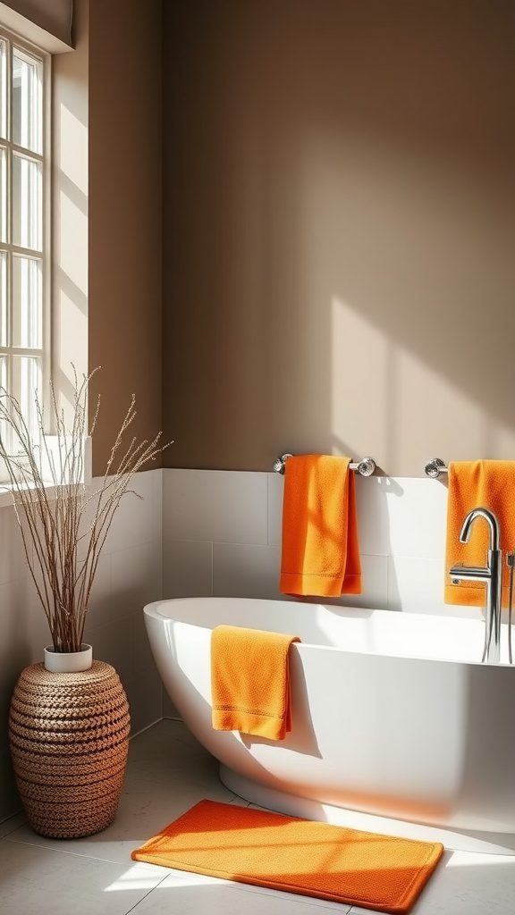 A bathroom featuring soft taupe walls and vibrant burnt orange towels, creating a cozy and inviting atmosphere.