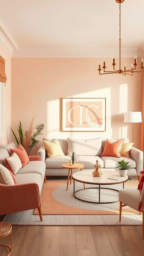 Living room with soft peach decor and rose gold accents.