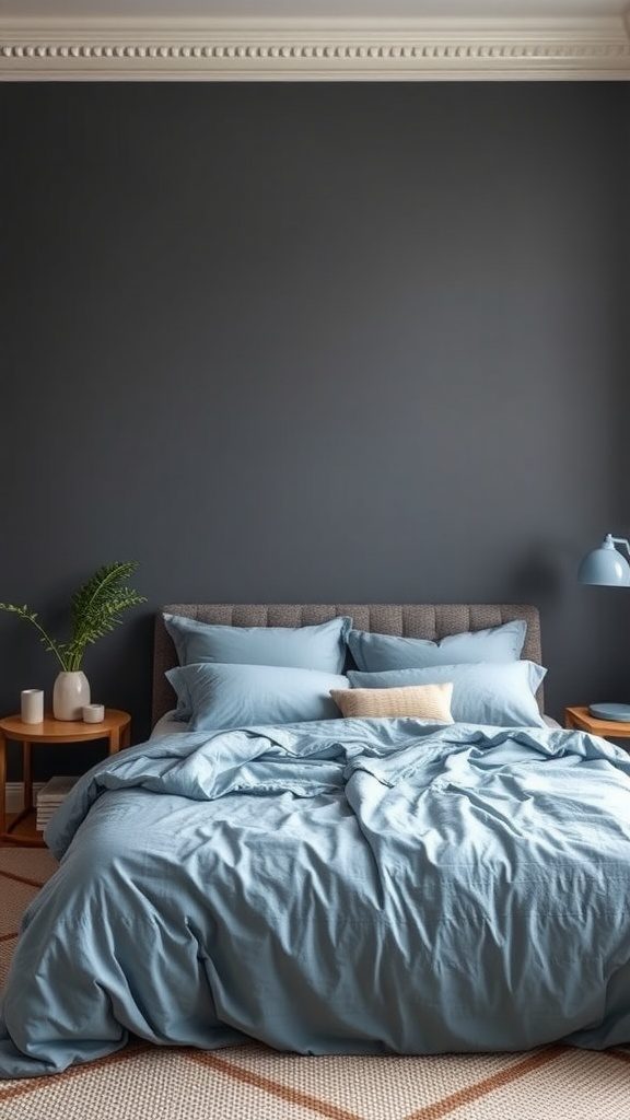 A cozy bedroom featuring a charcoal gray wall and soft sky blue bedding.