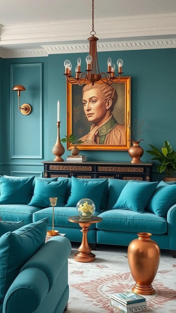 A stylish living room featuring teal accents and copper decor elements.