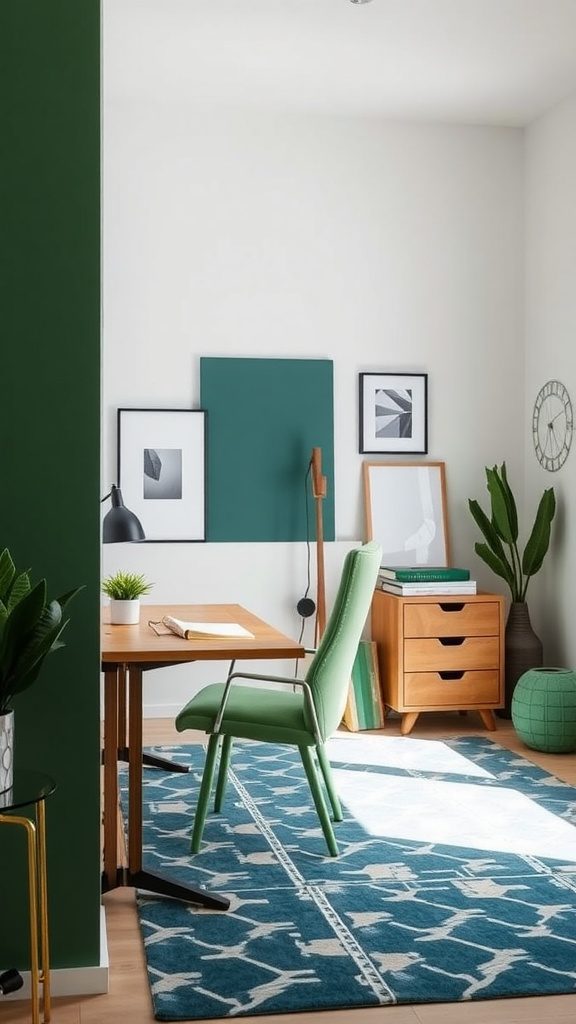 A stylish home office featuring hunter green walls and steel blue accents.