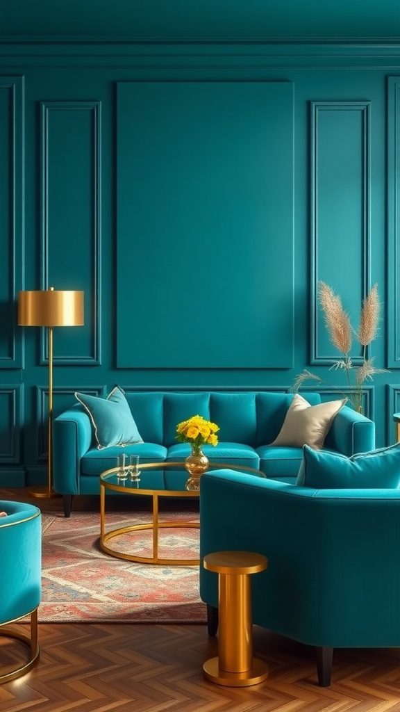 Living room with teal walls and gold accents.