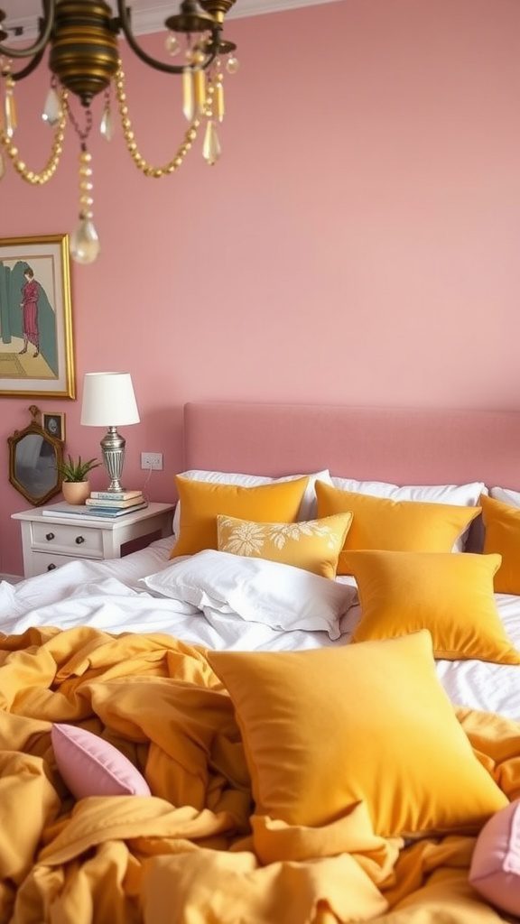 A cozy bedroom featuring mustard yellow bedding and soft blush pink walls.