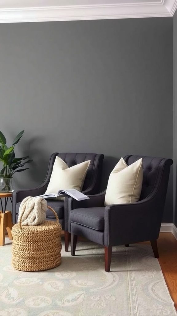 A cozy living area with charcoal gray chairs, cream pillows, and a woven basket.