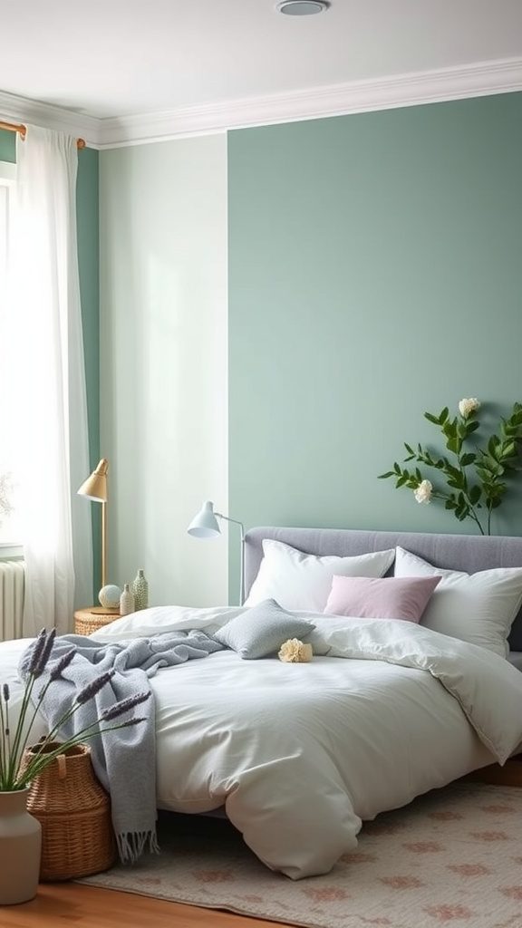 A serene bedroom featuring forest green and subtle lavender decor elements.