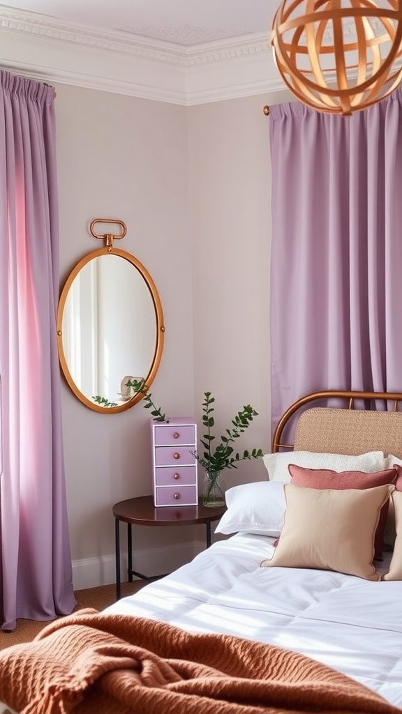 A cozy bedroom featuring lavender curtains and copper accents.
