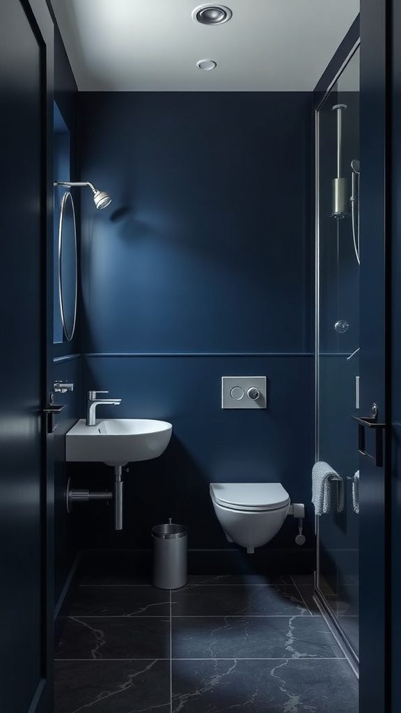 A modern bathroom with navy blue walls and silver accents.
