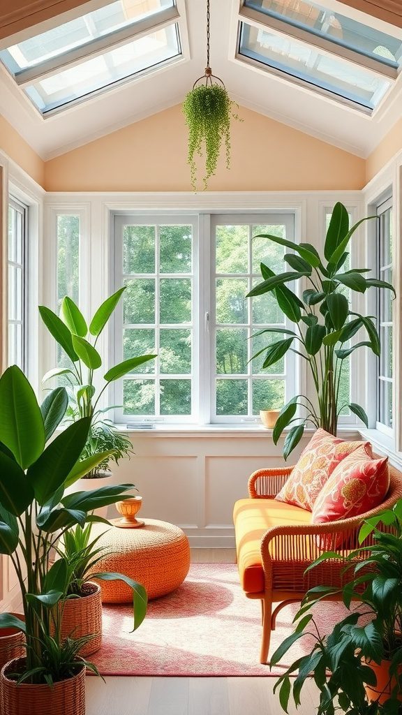 A bright and cheerful room featuring sunny coral accents and lush green plants.